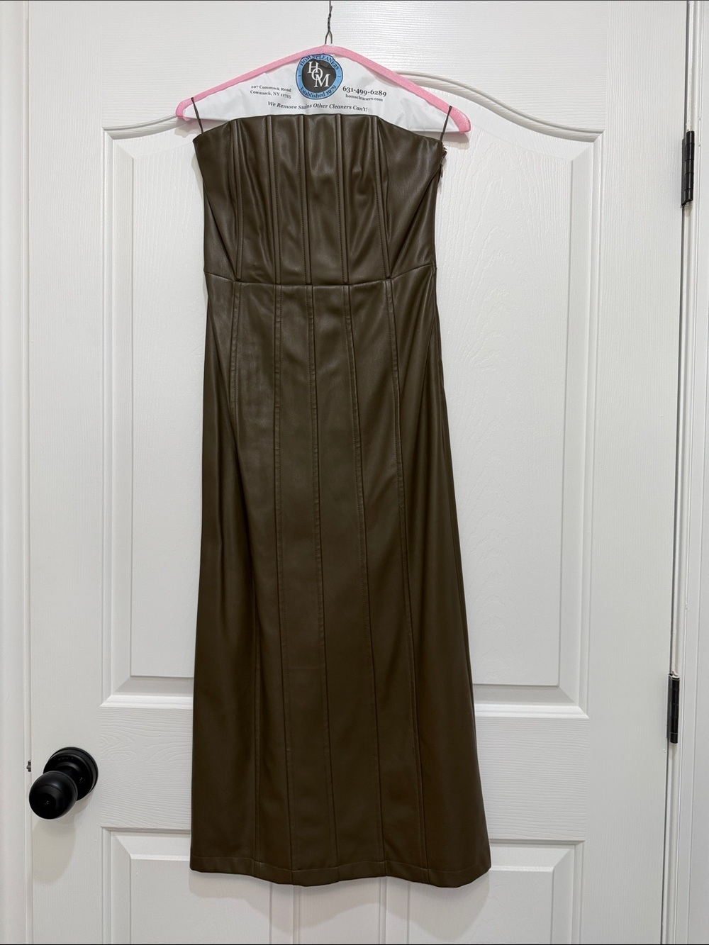En Saison Strapless Faux Leather Midi Dress in Olive